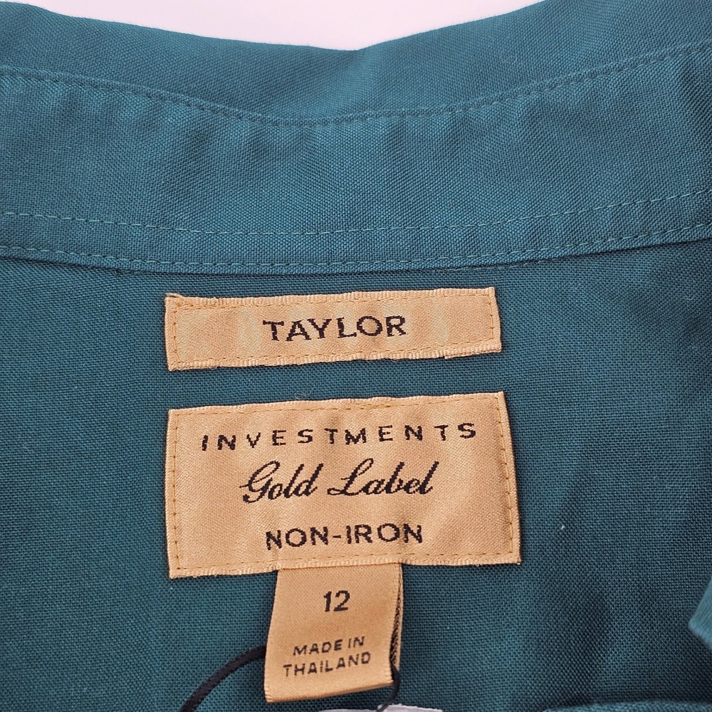 Taylor Investments Gold Label Shirt 12 Teal Non-Iron Cotton V-Neck Blouse NWT - Picture 5 of 9